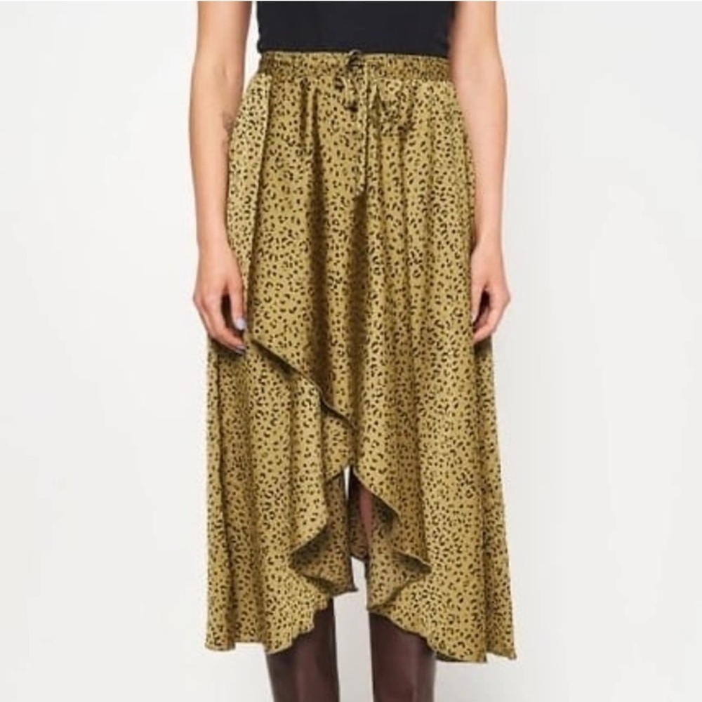 DEX Green Khaki Satin Leopard Cheetah Midi Skirt, Size Medium